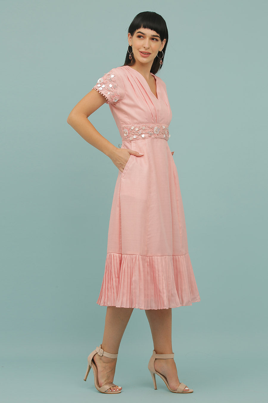 Pink A-Line Embroidered Dress