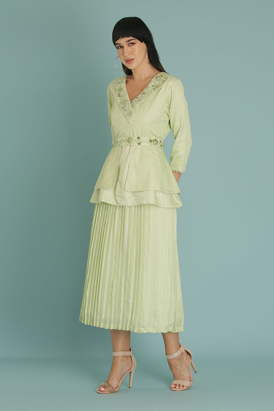 Green Embroidered Skirt & Top Set