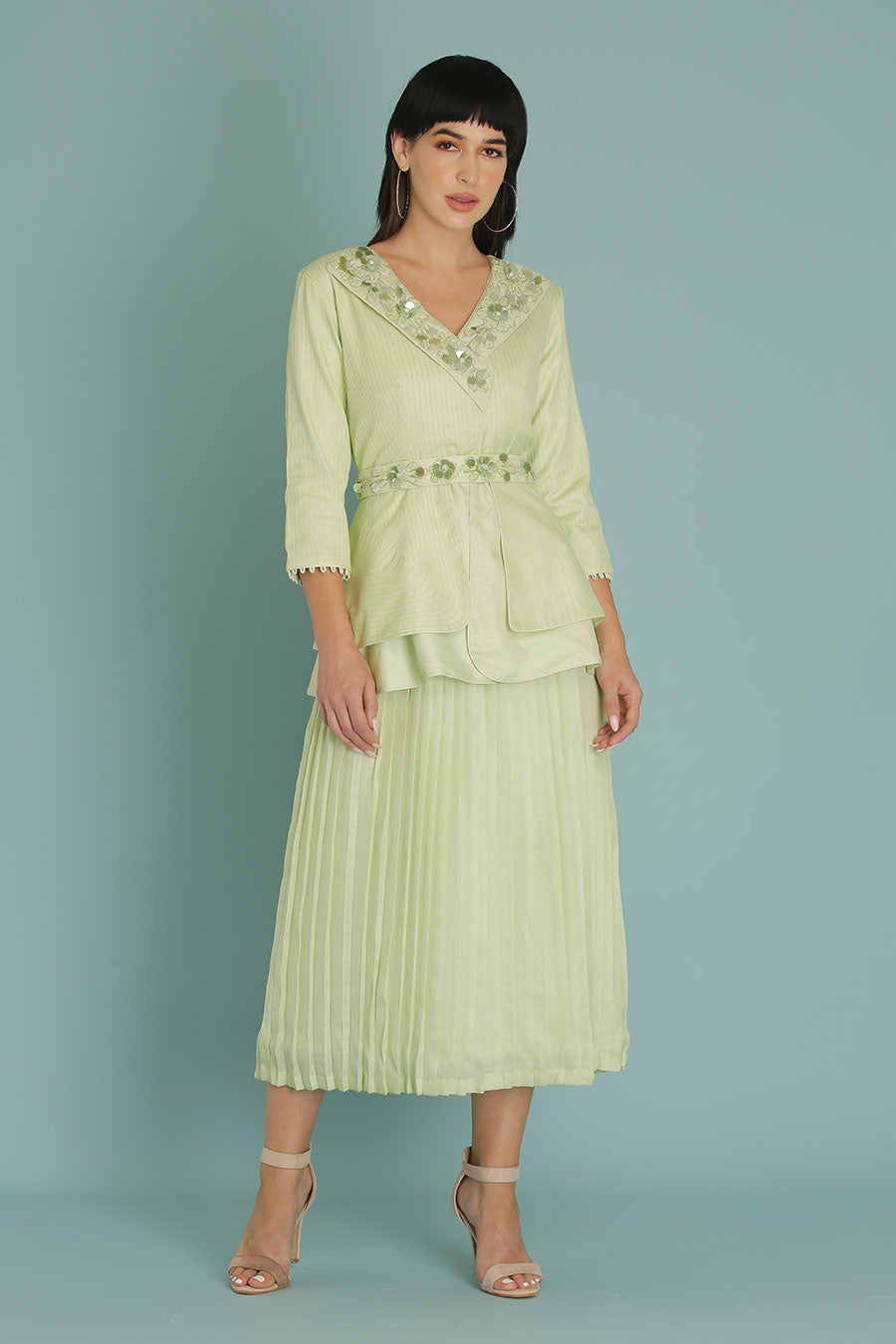 Green Embroidered Skirt & Top Set