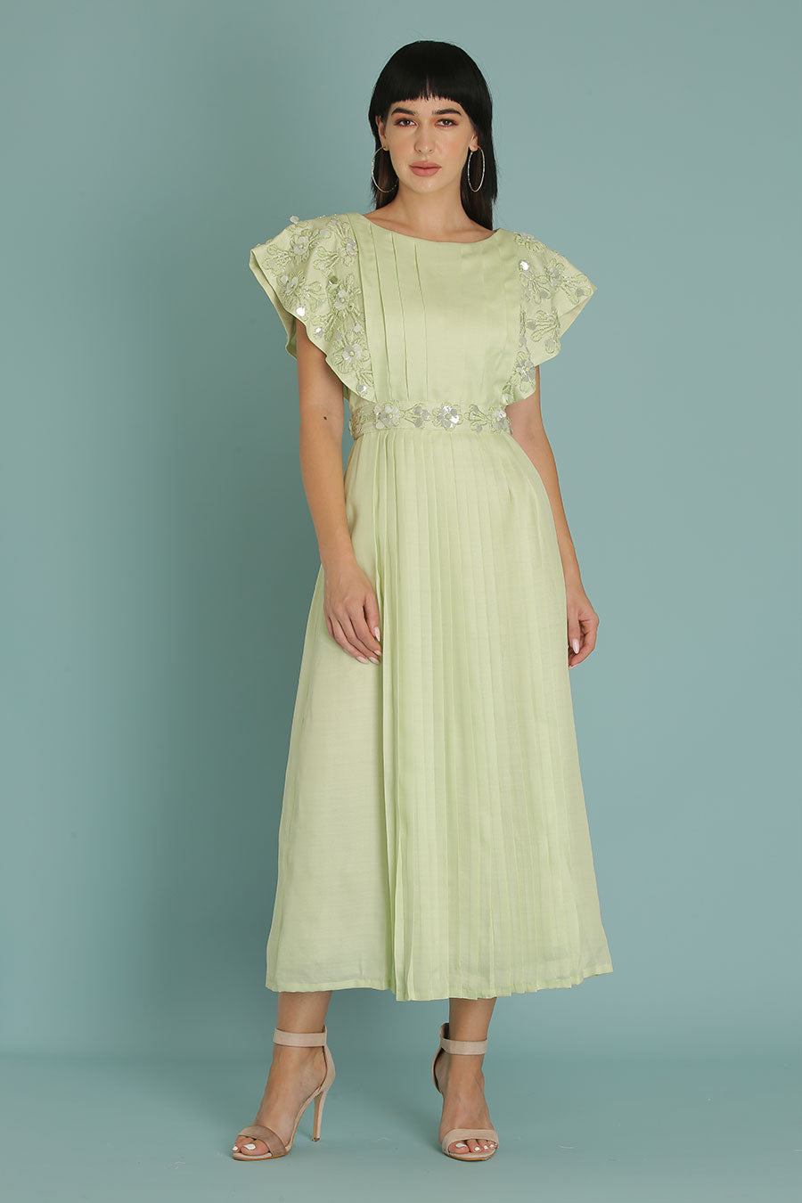 Green A-Line Embroidered Dress