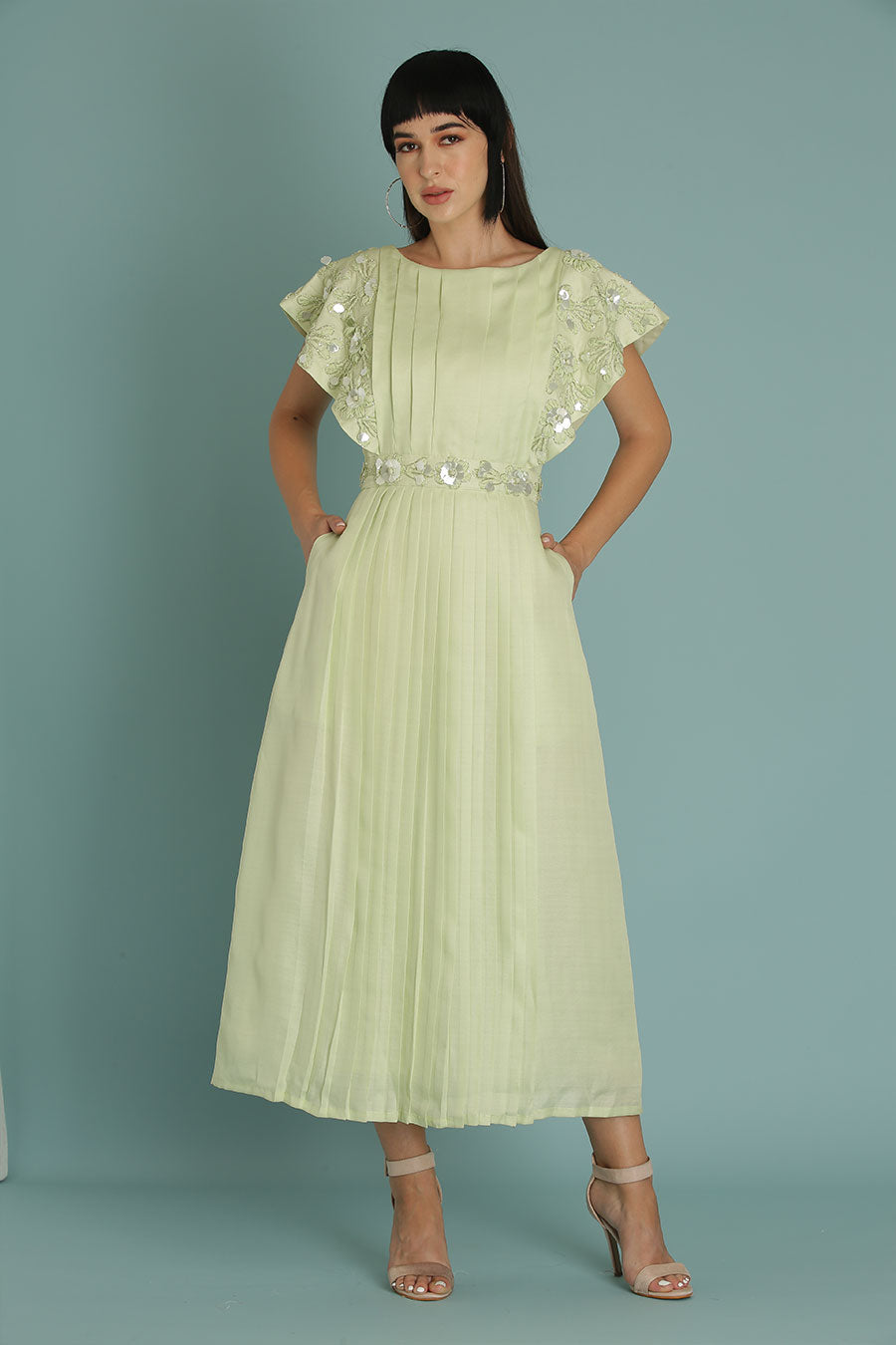 Green A-Line Embroidered Dress