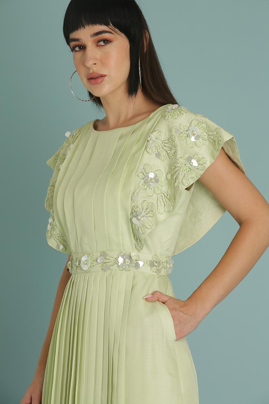 Green A-Line Embroidered Dress