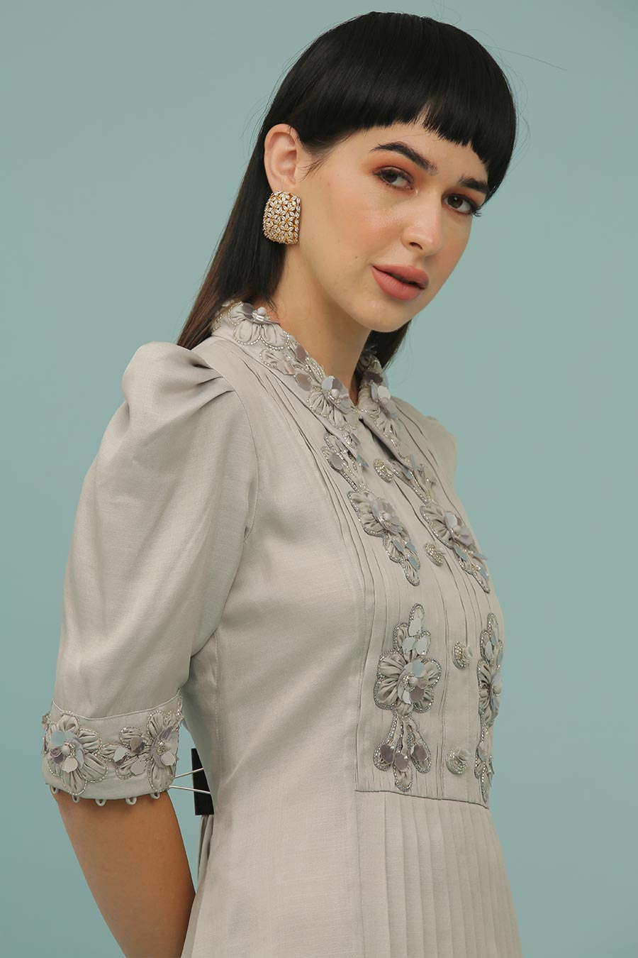Grey A-Line Embroidered Dress