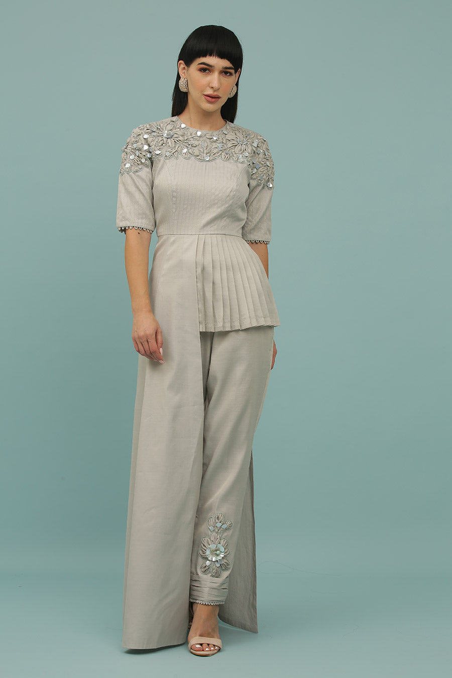 Grey Asymmetric Pleated Co-Ord Set
