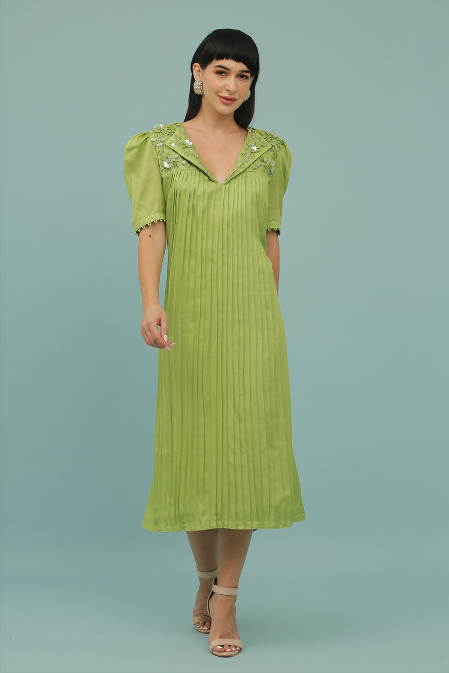 Green A-Line Pleated Dress