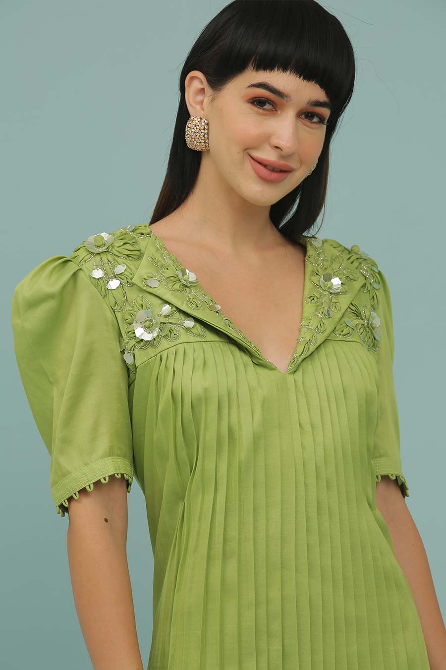 Green A-Line Pleated Dress