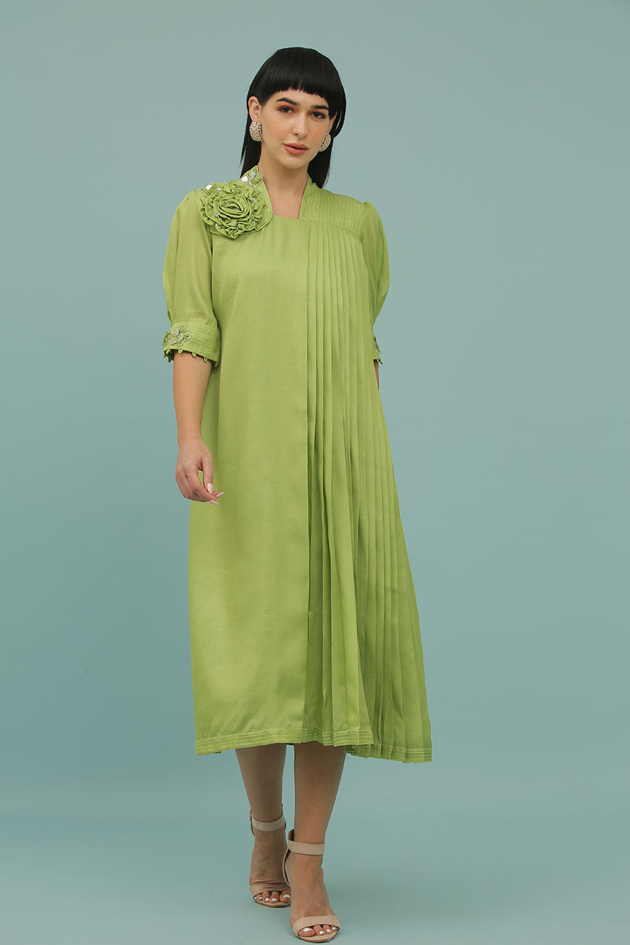 Green A-Line Embroidered Dress
