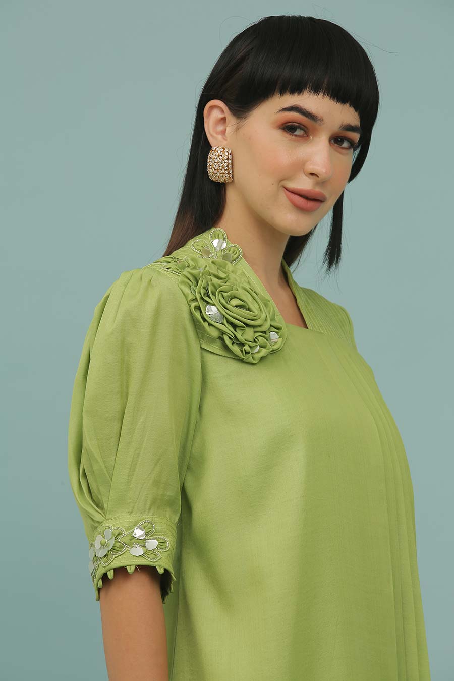 Green A-Line Embroidered Dress
