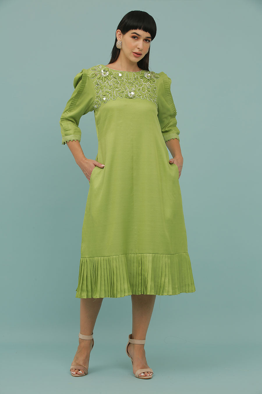 Green A-Line Embroidered Dress