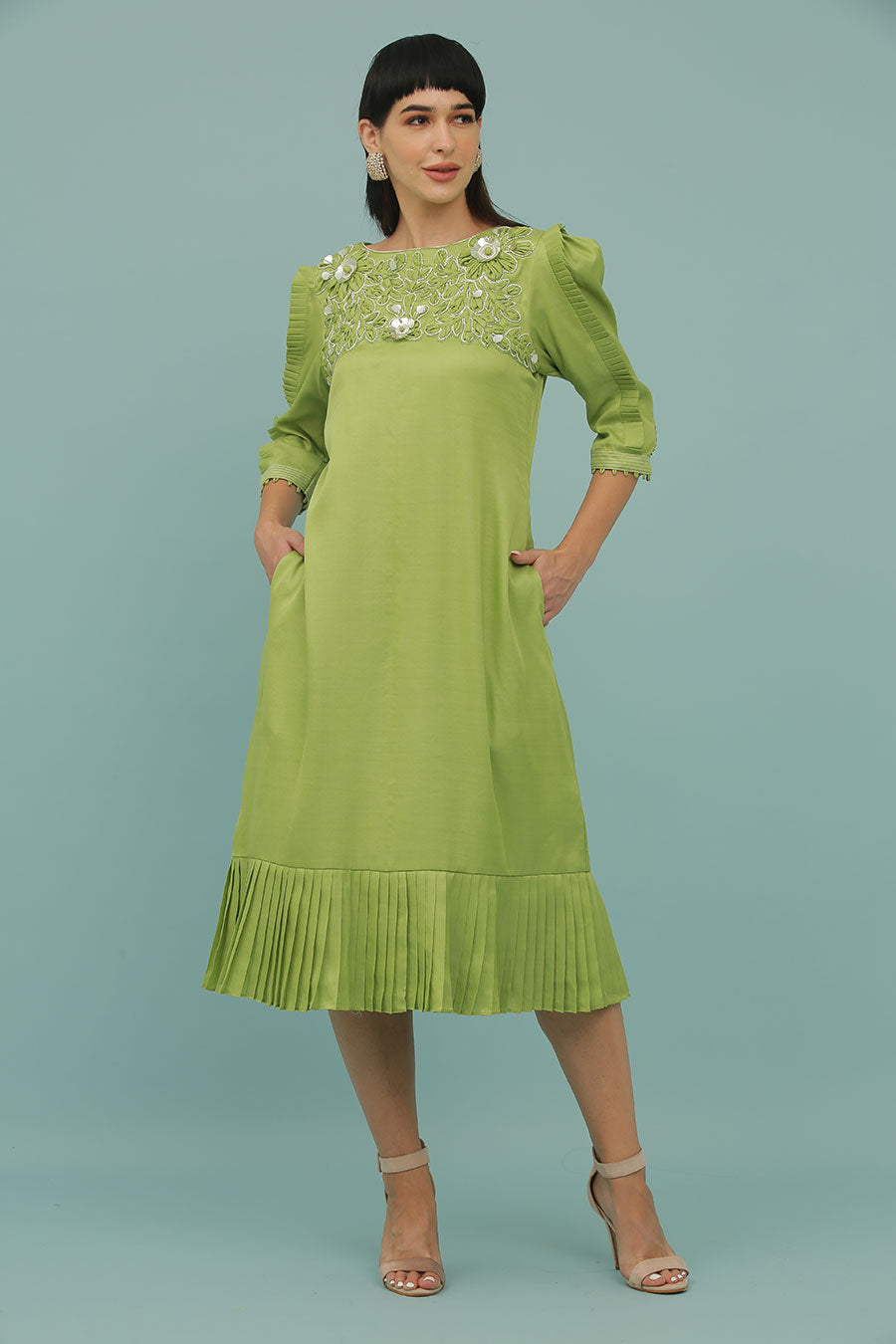 Green A-Line Embroidered Dress