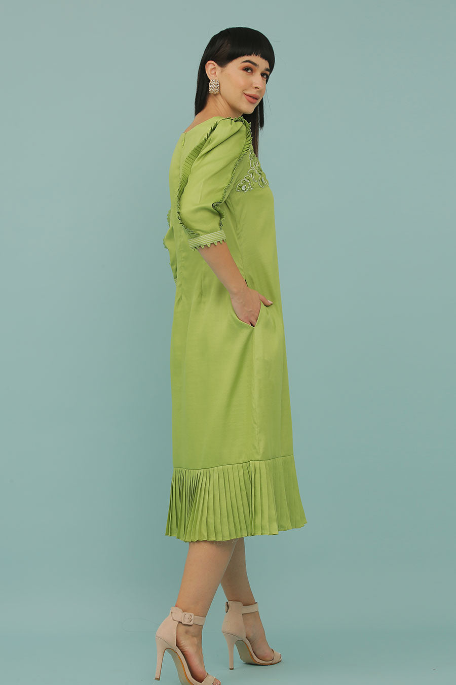 Green A-Line Embroidered Dress