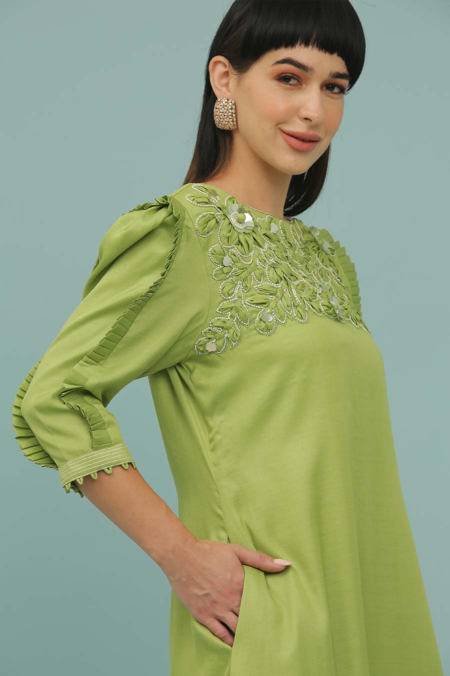 Green A-Line Embroidered Dress