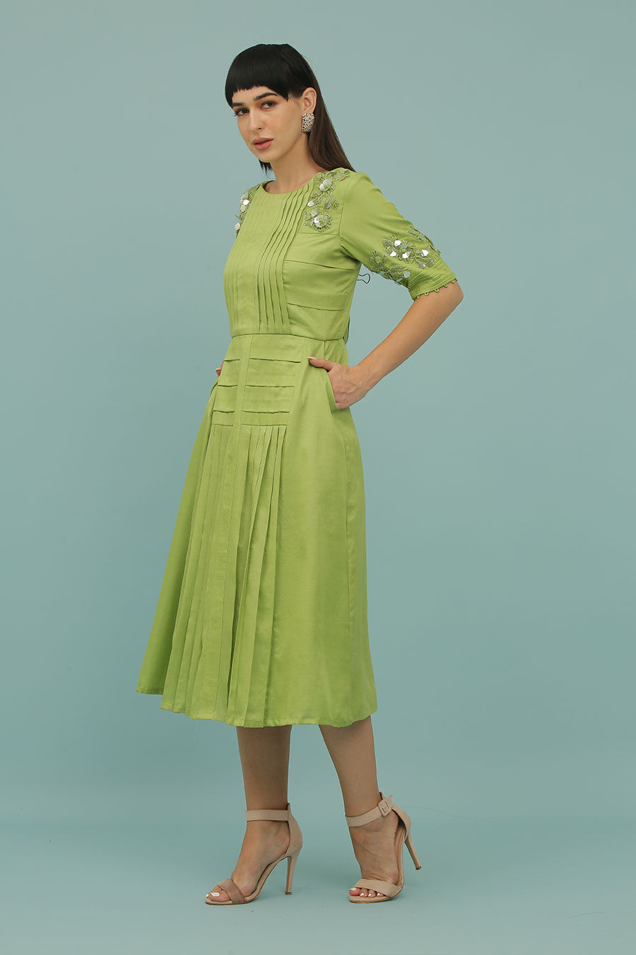 Green A-Line Embroidered Dress