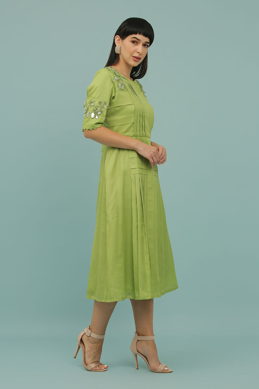 Green A-Line Embroidered Dress