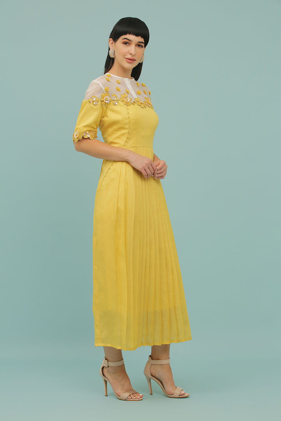 Yellow A-Line Embroidered Dress
