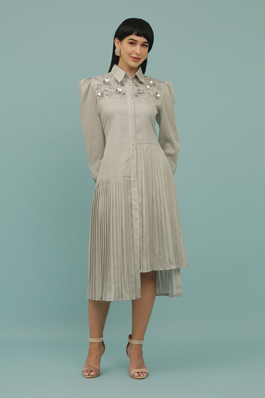 Grey Asymmetric Embroidered Dress