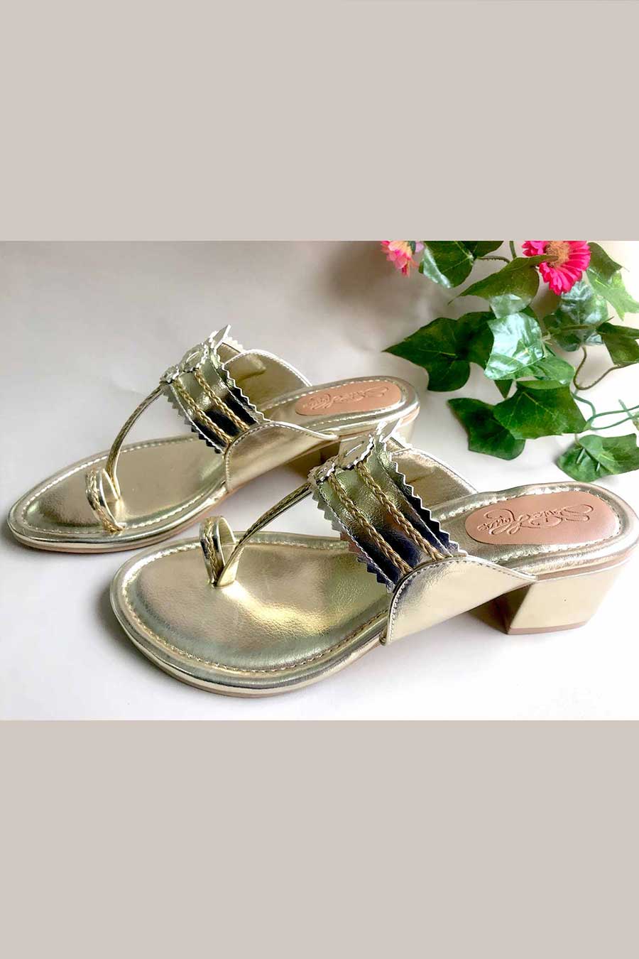 Gold Kolhapuri with Box Heels