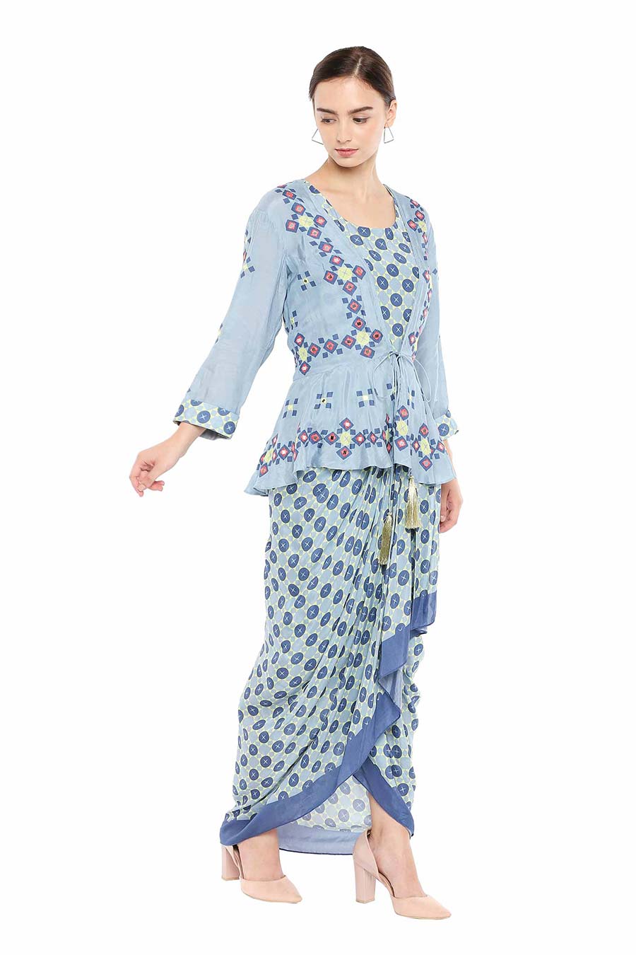 Blue Embroidered Dress & Jacket Co-ord Set