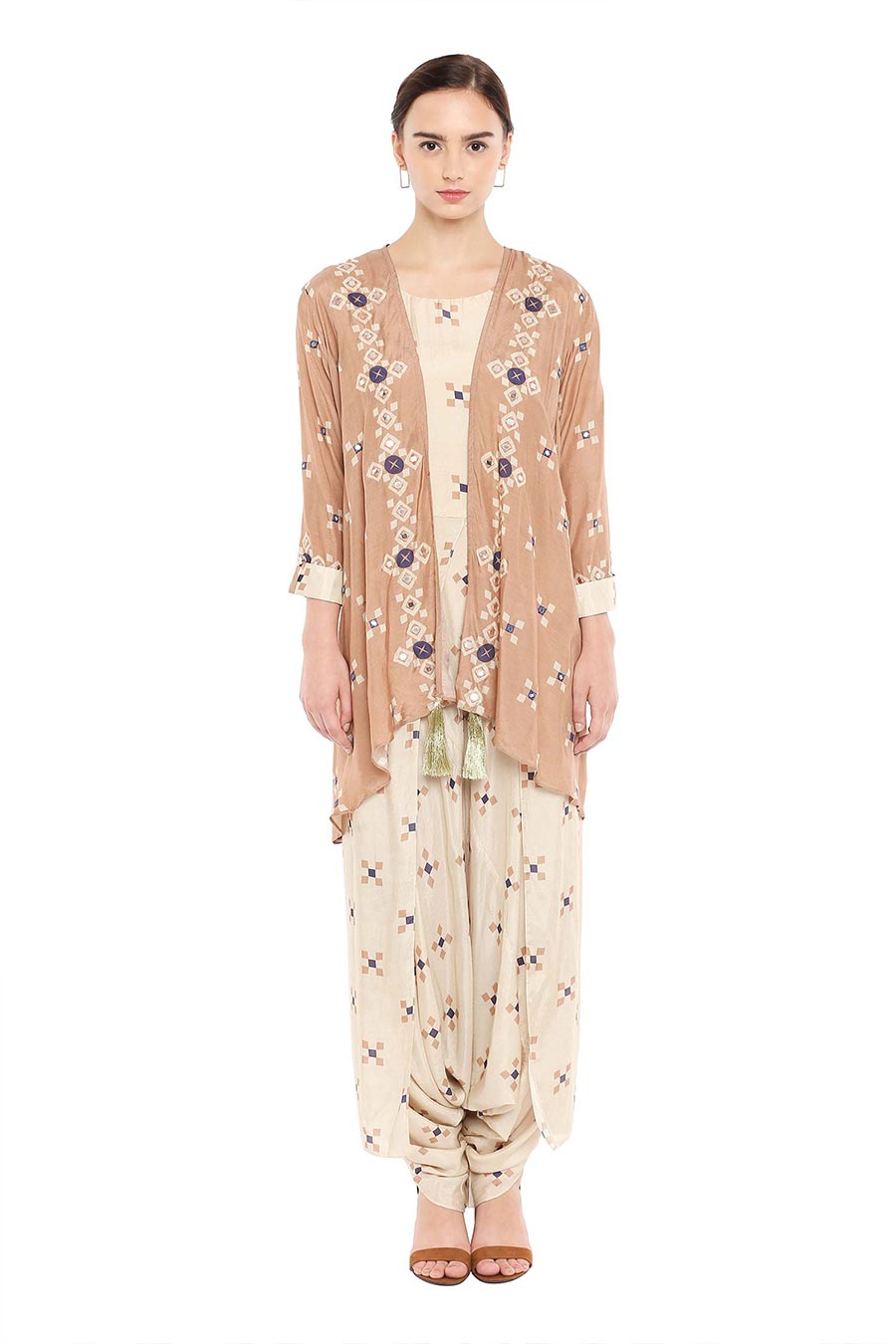 Beige Embroidered Jumpsuit & Jacket Co-ord Set