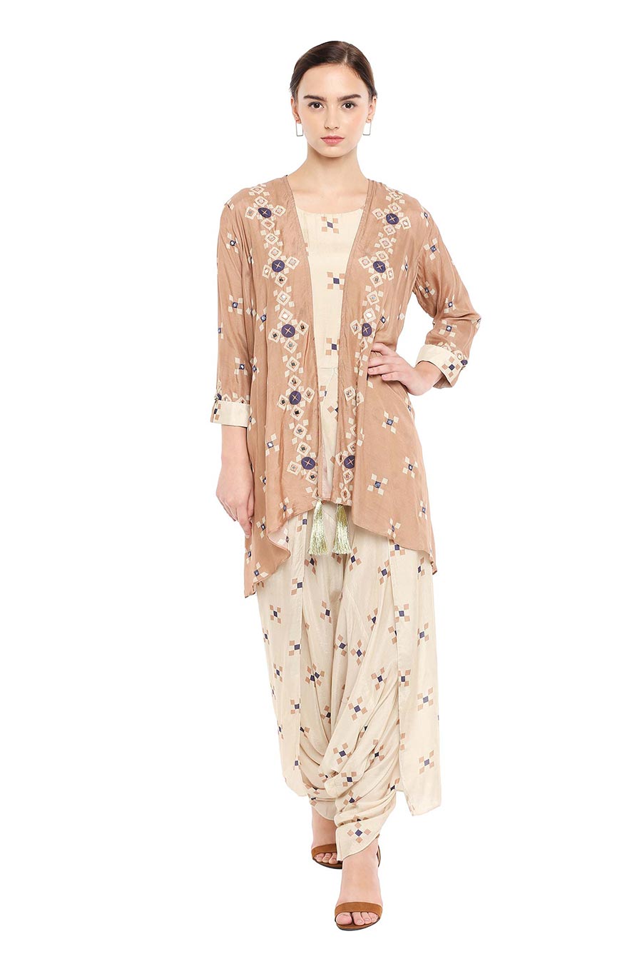 Beige Embroidered Jumpsuit & Jacket Co-ord Set