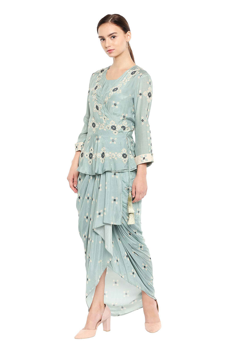 Blue Drape Dress & Jacket Co-ord Set