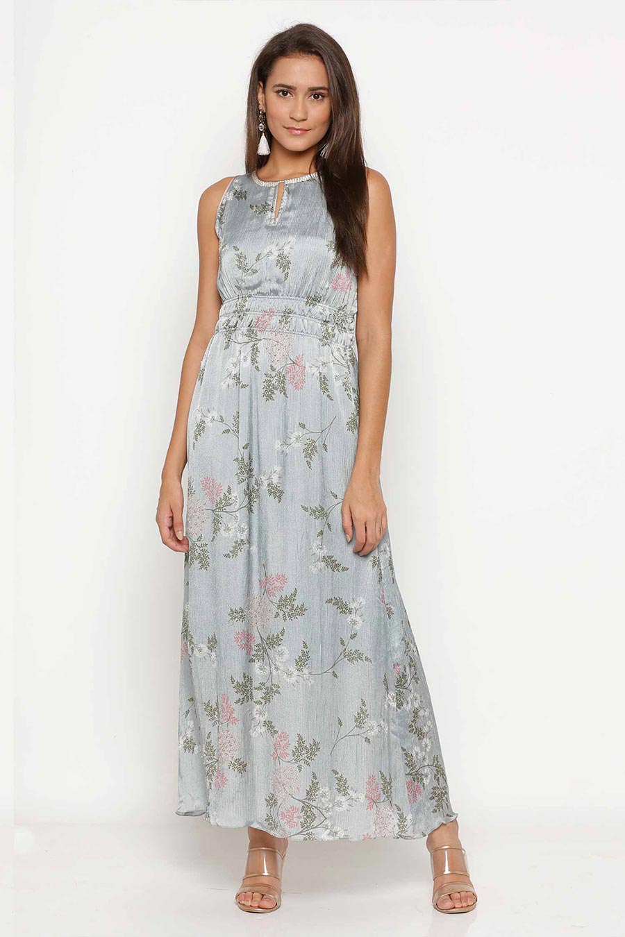 Ice Blue Printed Gathered Maxi Dress