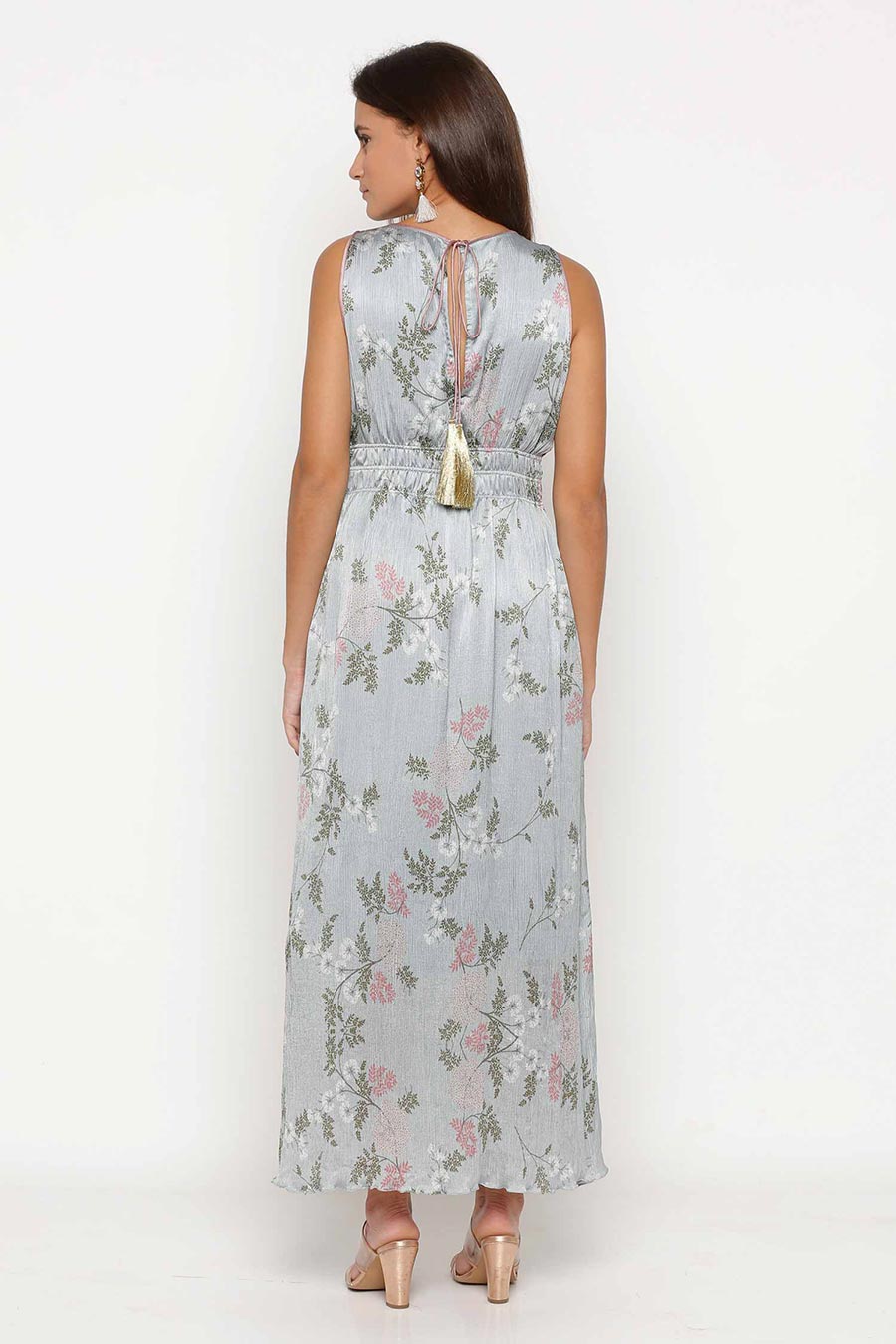 Ice Blue Printed Gathered Maxi Dress