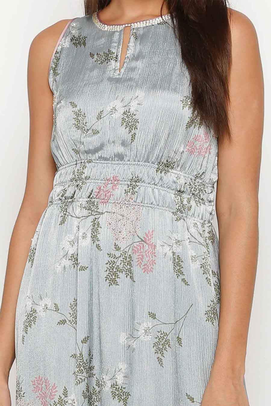 Ice Blue Printed Gathered Maxi Dress