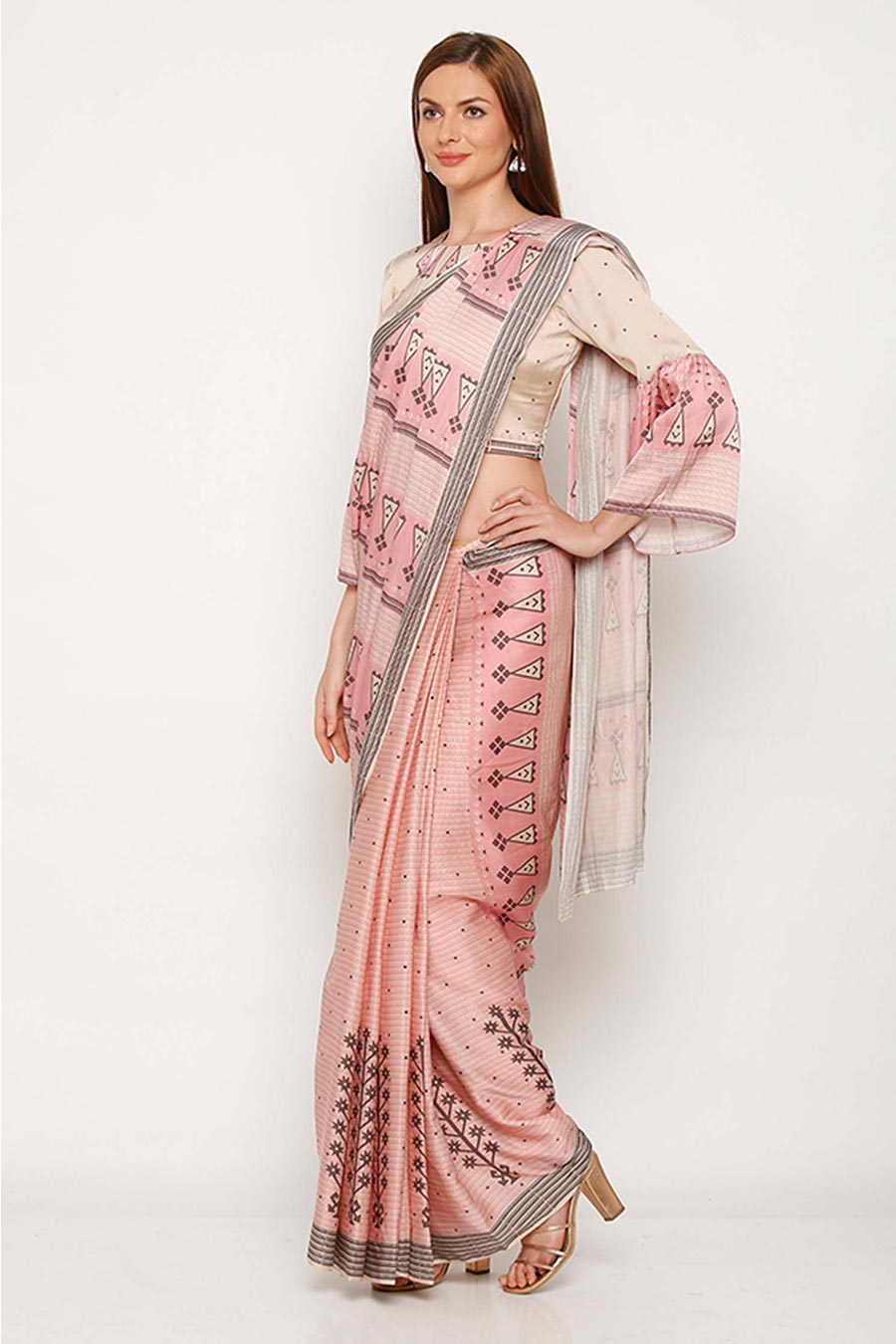 Pixel Printed Pink Saree & Blouse Set