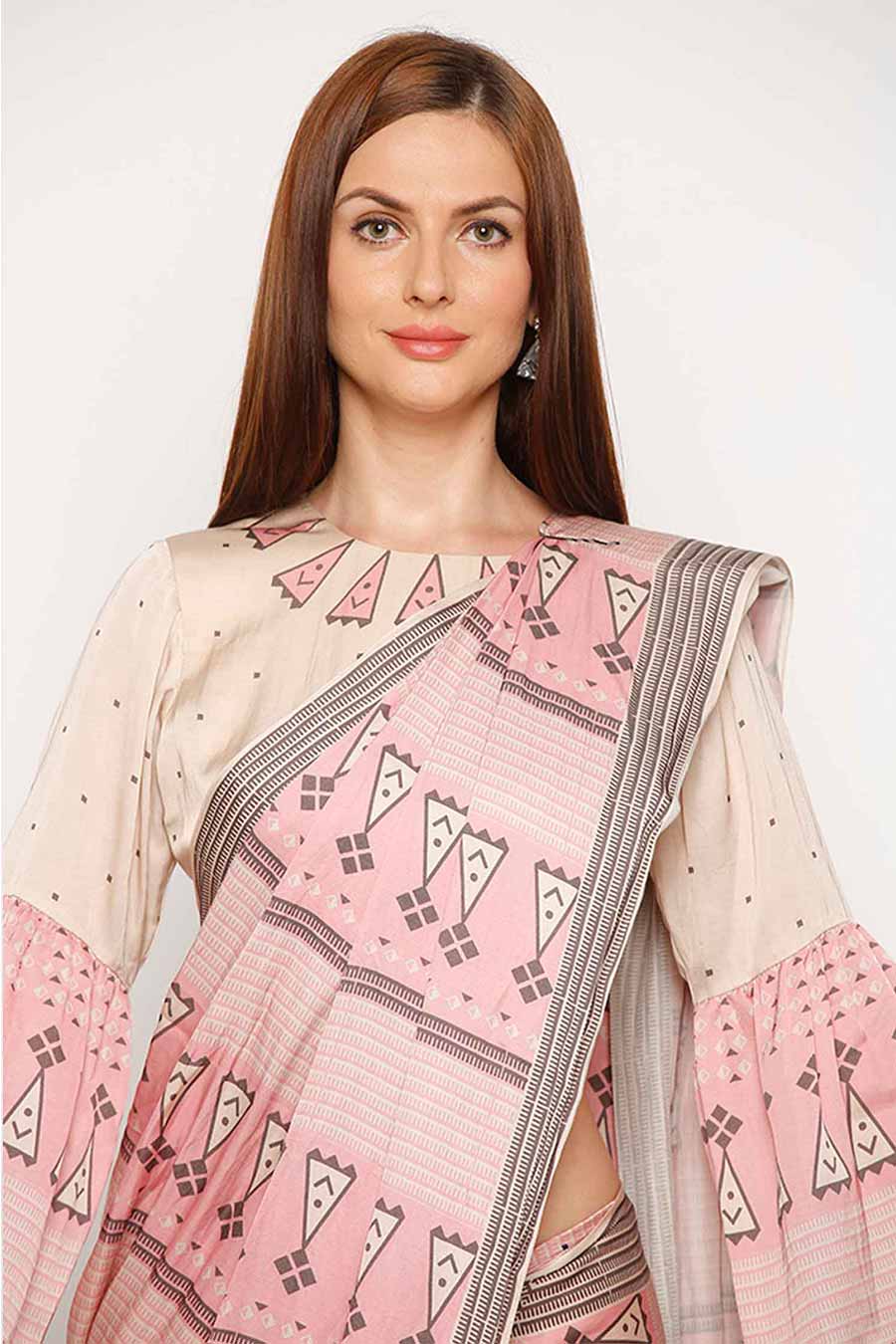 Pixel Printed Pink Saree & Blouse Set