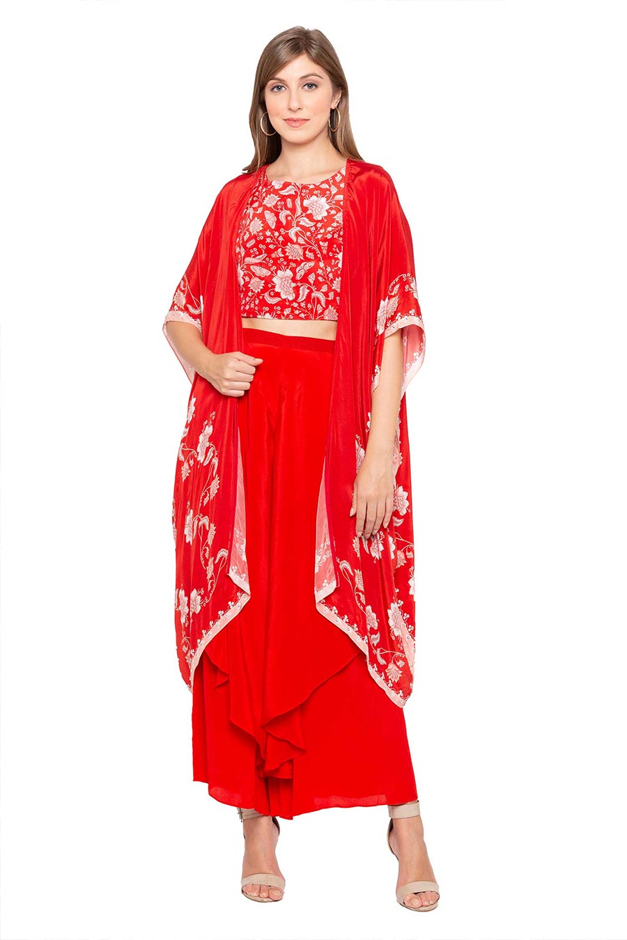 Red Printed Co-ord Set with Cape (Set of 3)