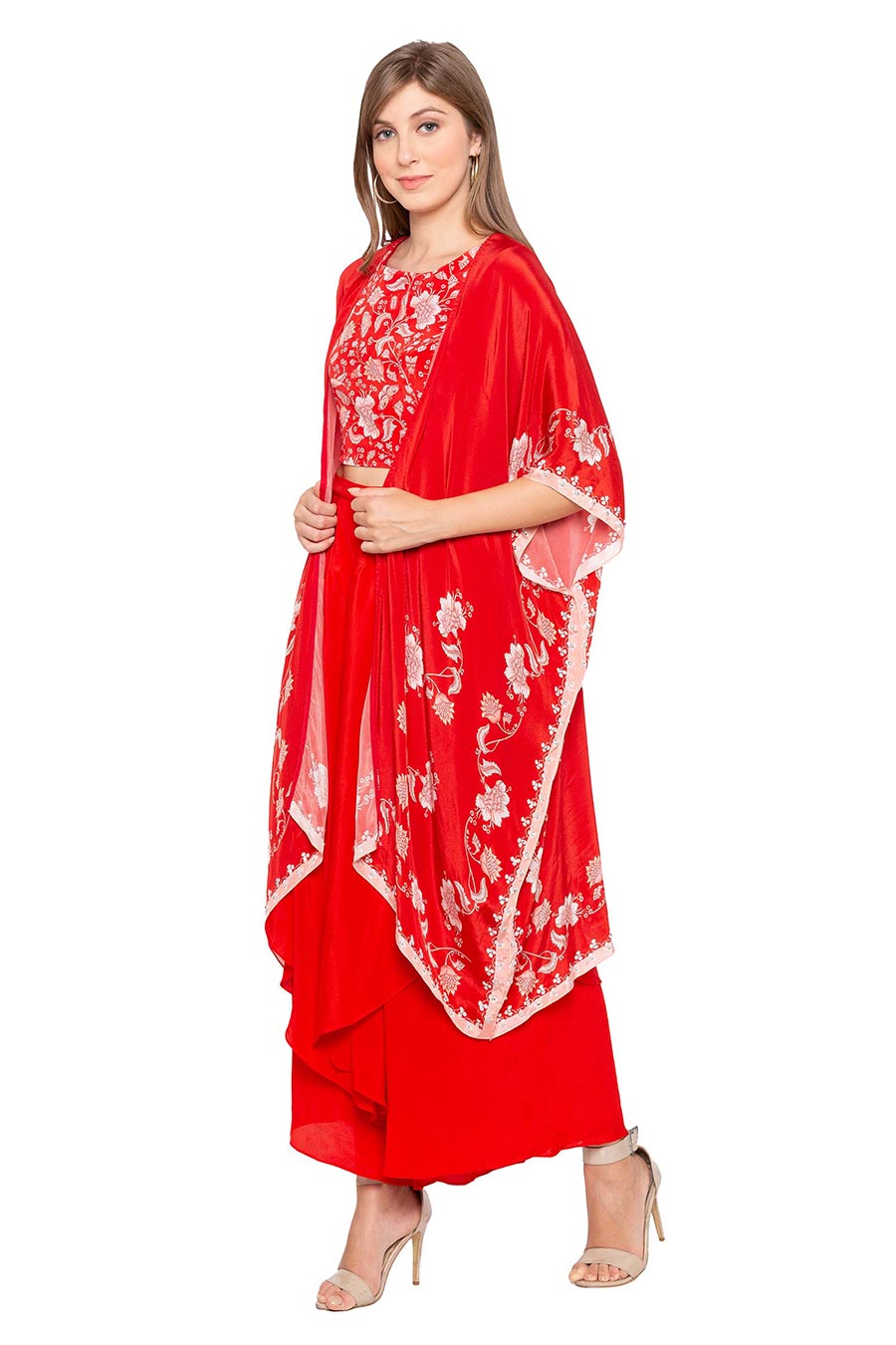 Red Printed Co-ord Set with Cape (Set of 3)