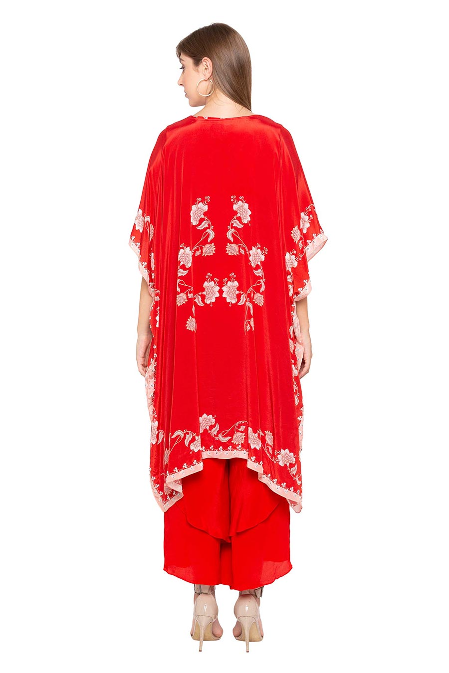Red Printed Co-ord Set with Cape (Set of 3)
