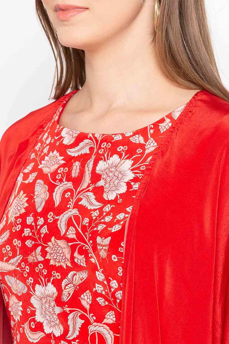 Red Printed Co-ord Set with Cape (Set of 3)