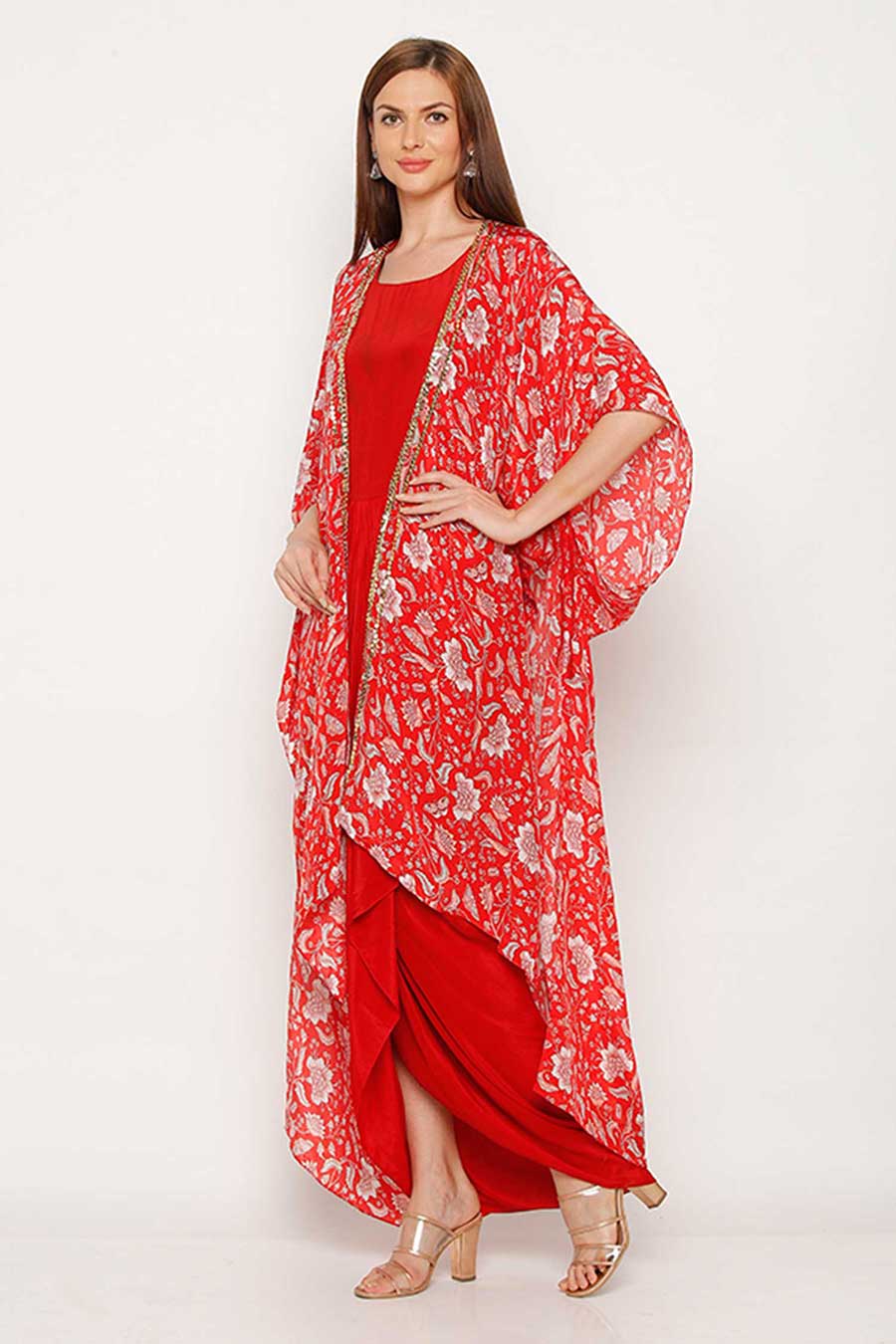 Red Drape Dress & Cape Co-ord Set