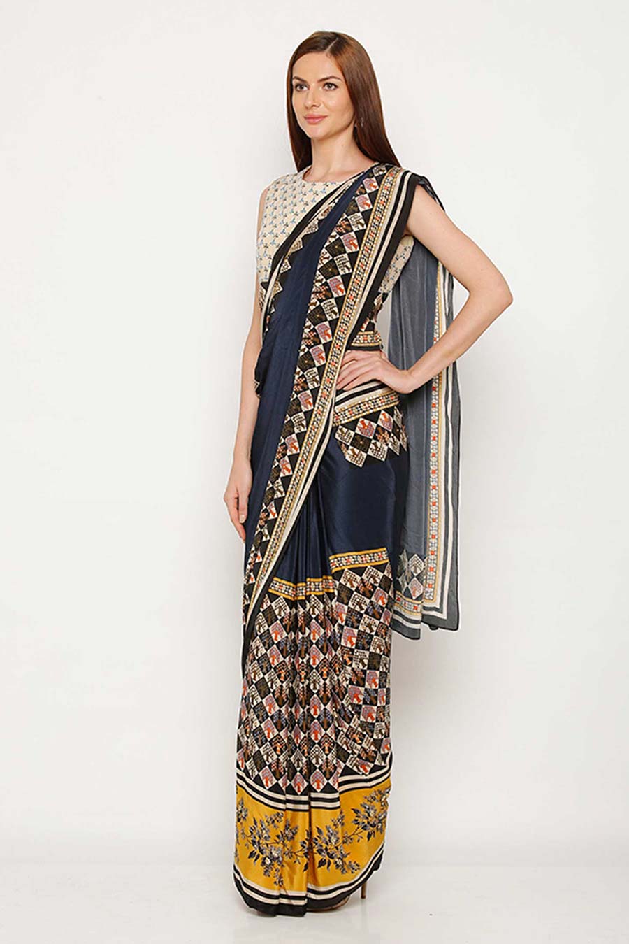 Multicolor Print Pre-Stitched Saree Set