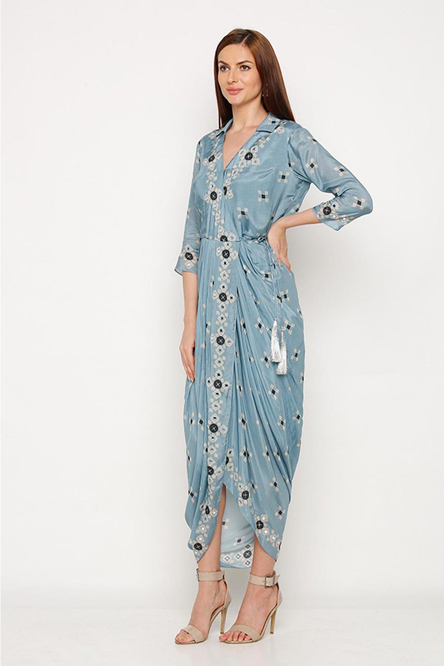 Blue Mirror Embroidered Wrap Drape Dress