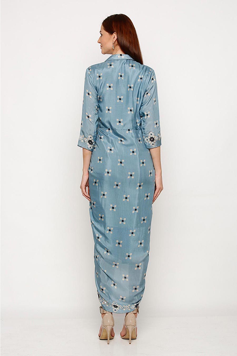 Blue Mirror Embroidered Wrap Drape Dress