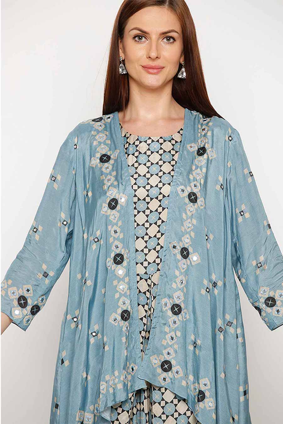 Blue Embroidered Jumpsuit & Jacket Co-ord Set