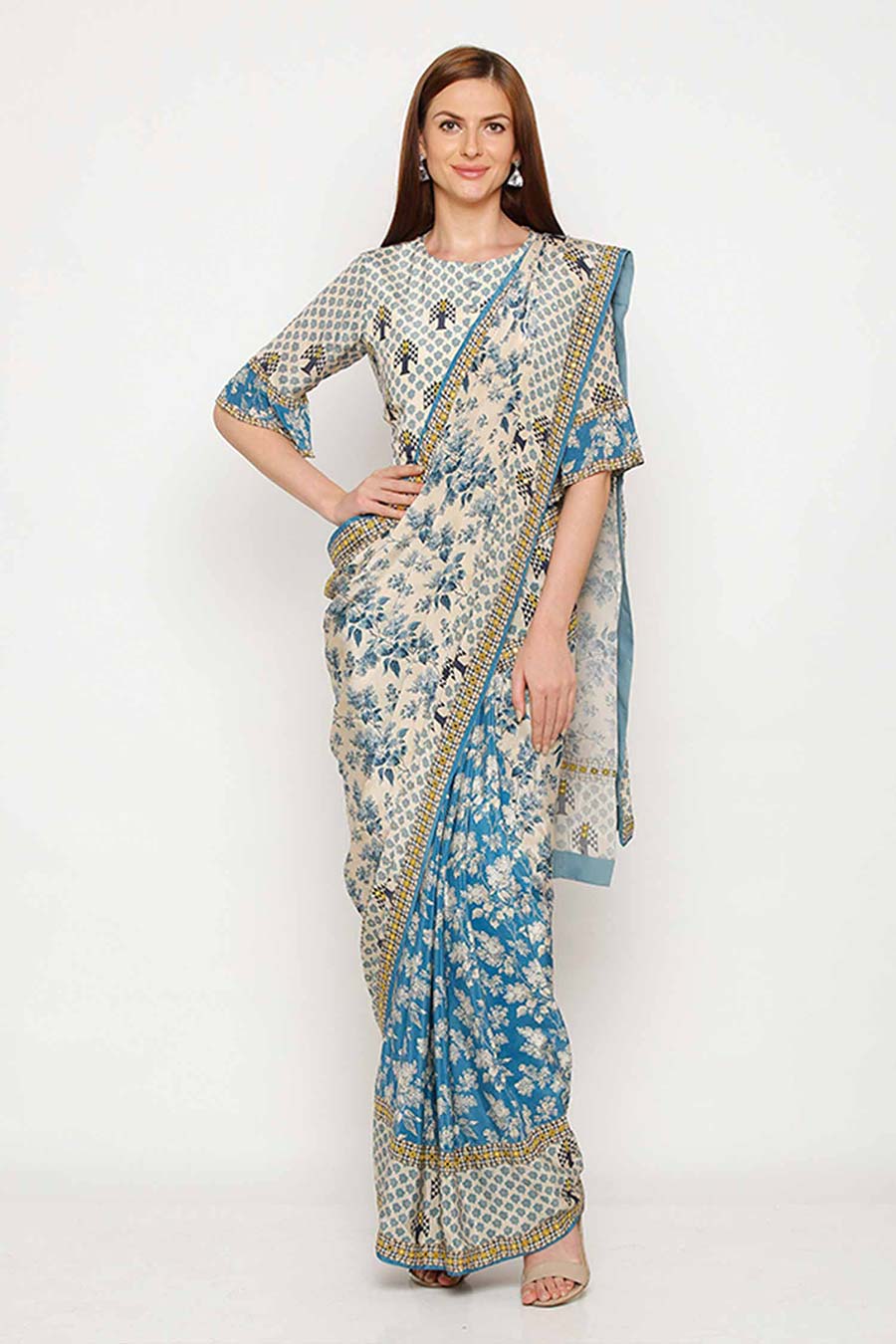 Blue Printed Pre-Stitched Saree Set