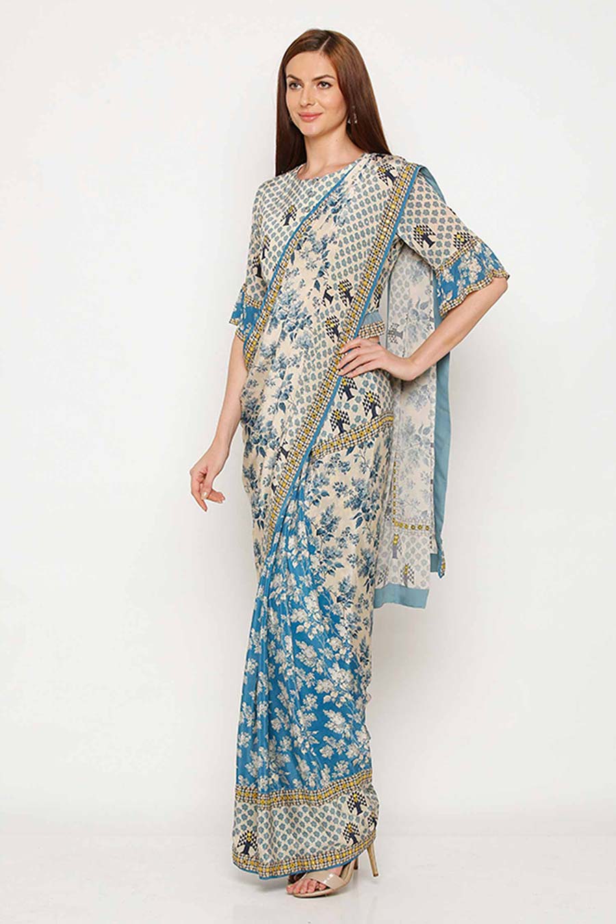 Blue Printed Pre-Stitched Saree Set