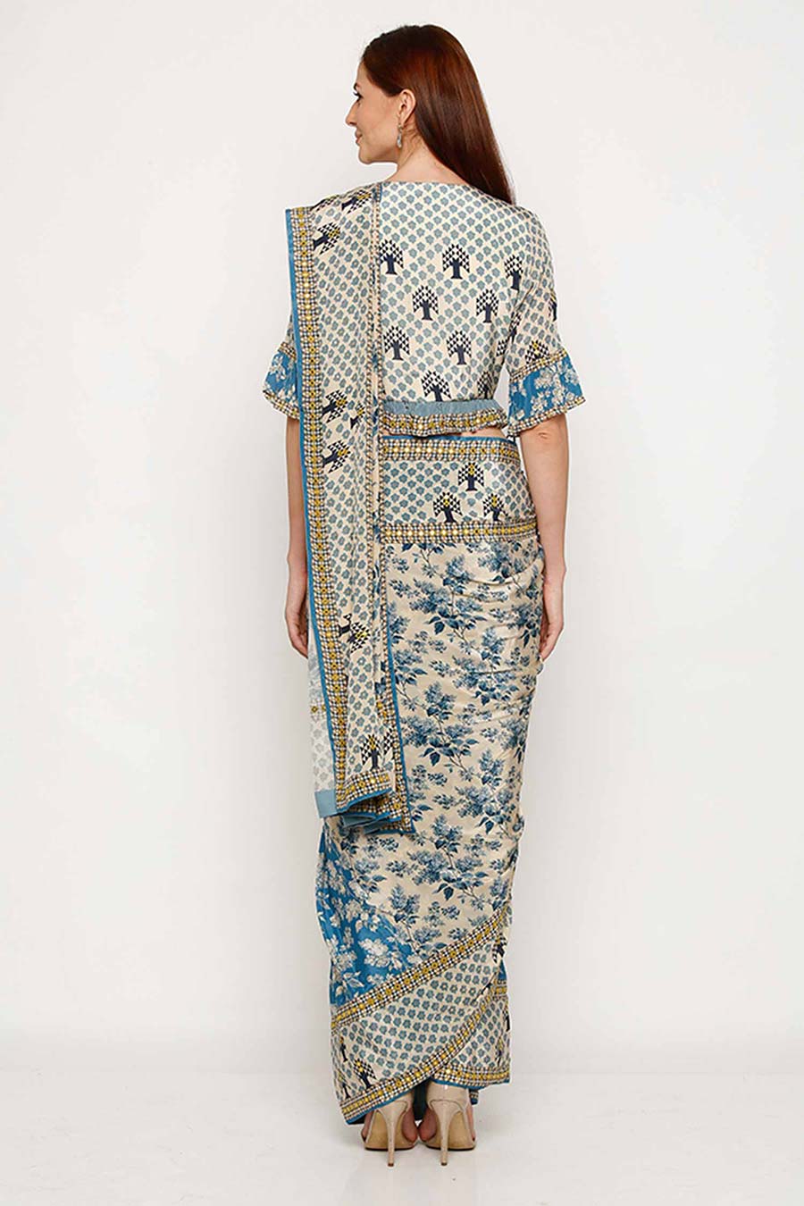 Blue Printed Pre-Stitched Saree Set