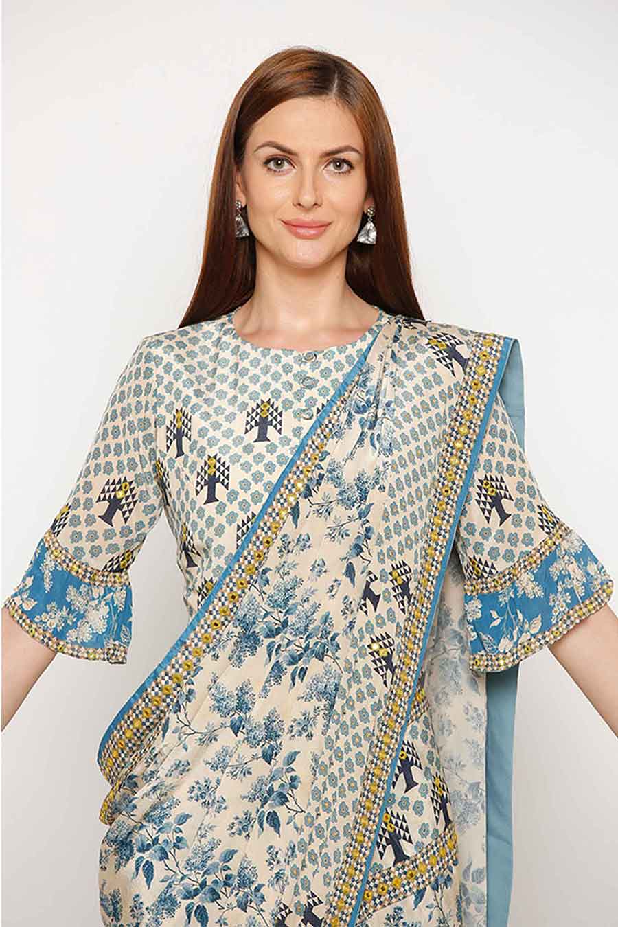 Blue Printed Pre-Stitched Saree Set