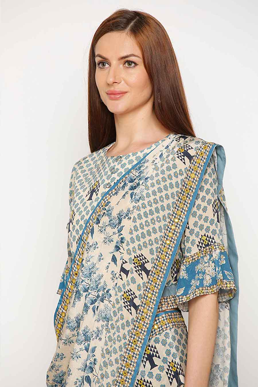 Blue Printed Pre-Stitched Saree Set