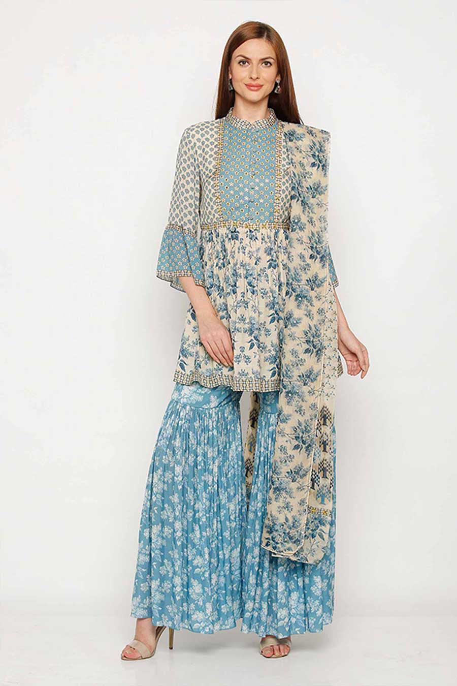 Blue Printed Kurta Sharara Set (Set of 3)
