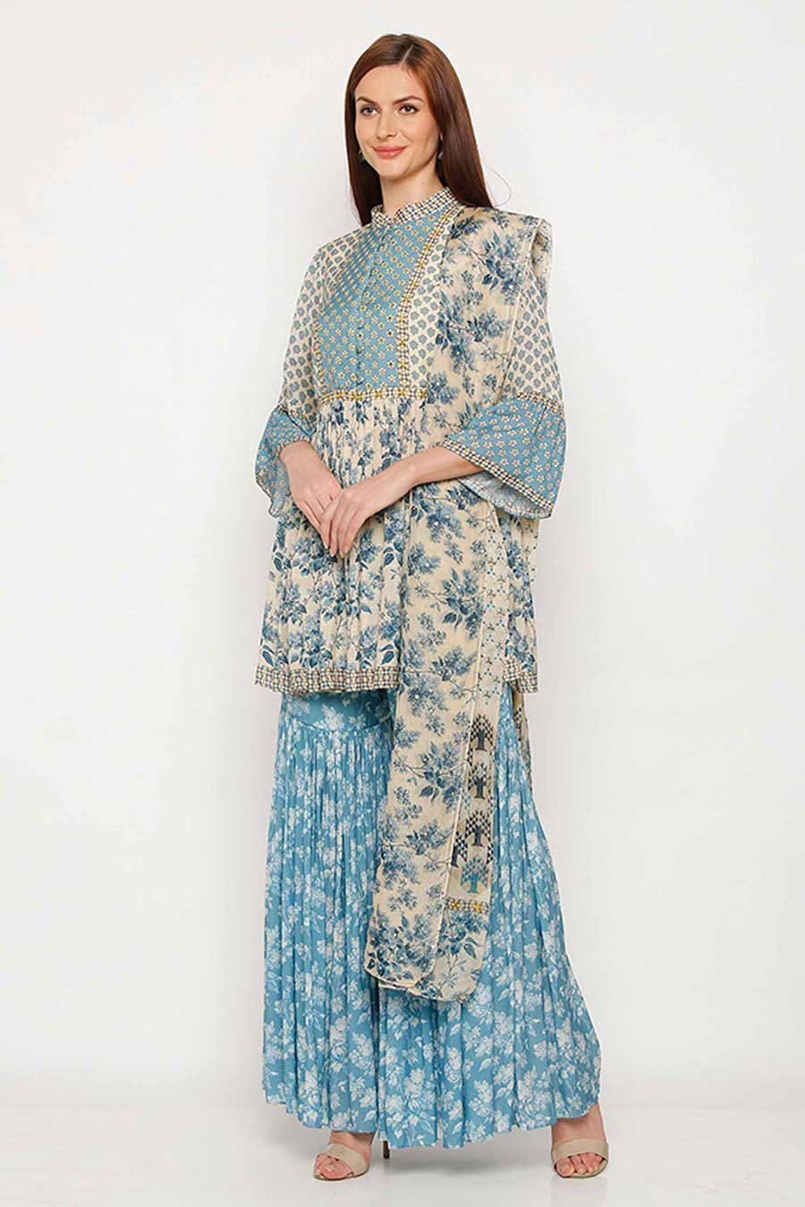 Blue Printed Kurta Sharara Set (Set of 3)