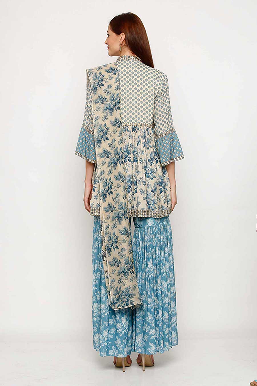 Blue Printed Kurta Sharara Set (Set of 3)