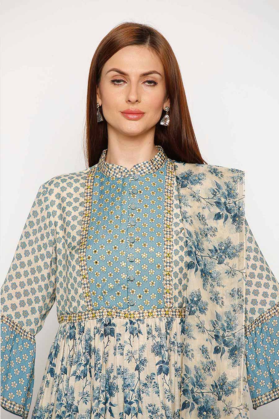 Blue Printed Kurta Sharara Set (Set of 3)
