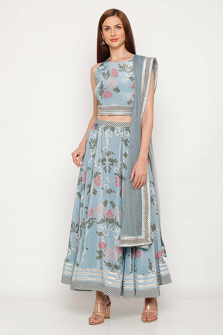 Blue Floral Print Lehenga Set (Set of 3)