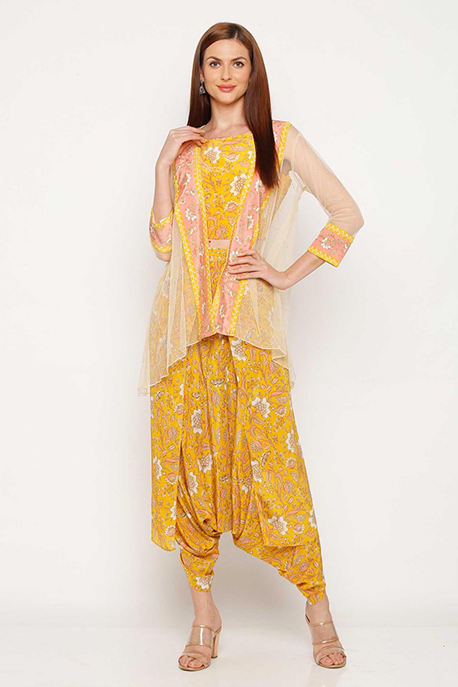 Yellow Co-ord Set with Jakcet (Set of 3)